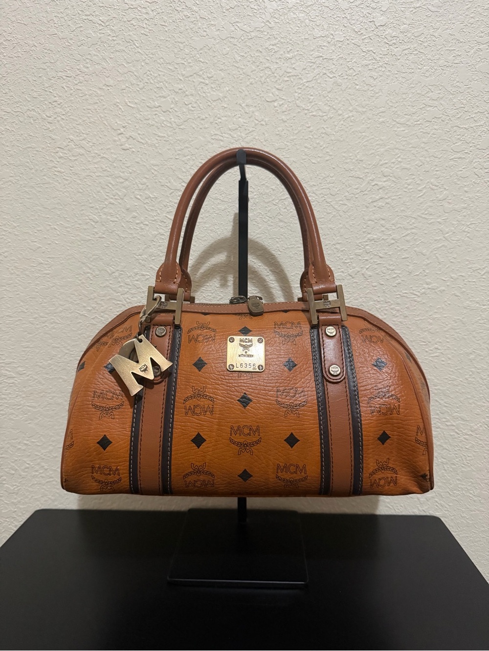 MCM Visetos Barrel Satchel in Cognac and Dark Brown